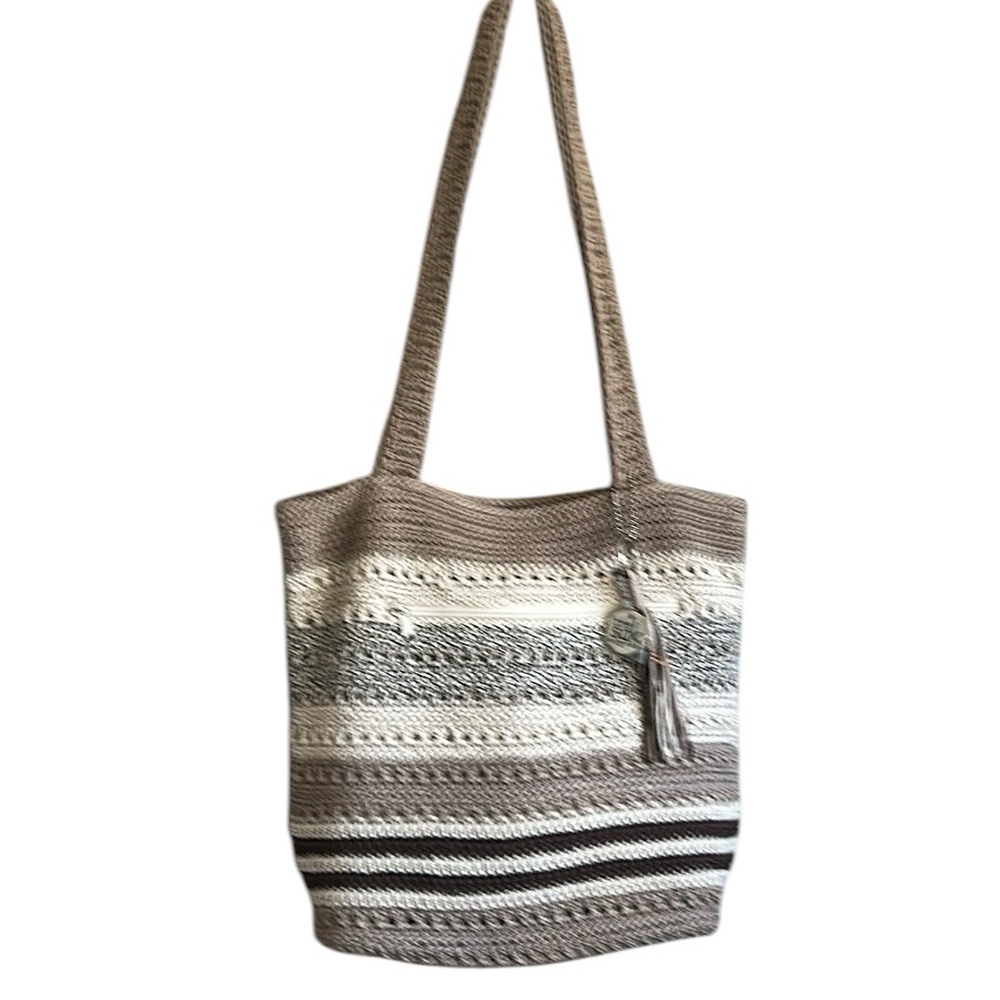 THE SAK Casual Classics Large Crochet Shoulder Bag in Brown Stripe